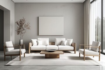 Modern living room interior with white couch and blank canvas