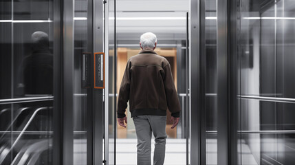 Back view of an elderly man entering a modern glass elevator, with reflective surfaces and contemporary design.