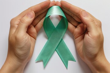 Green handmade awareness paper ribbon on white background.
