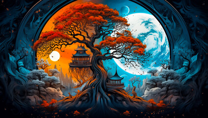 Obraz premium Illustration of Ying yang of balance Yggdrasil tree of life Norse mythology. Balance concept. Generative Ai.