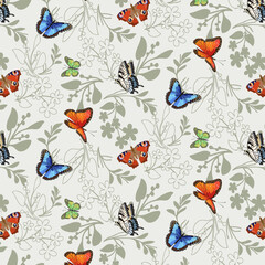 Fototapeta premium Butterflies on a floral ornament.Vector seamless pattern with bright butterflies on a colored background with floral patterns.