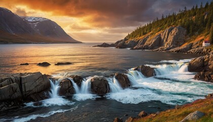 Obraz premium Waterfall at Sunset with Mountain and House.