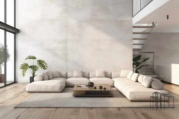 Modern minimalist living room with large couch and open space