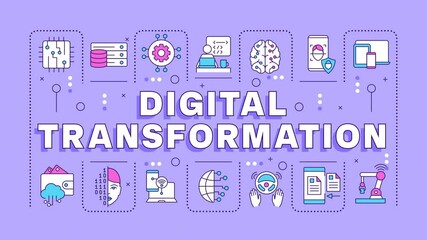 Digital transformation word cloud animation. Face recognition. Technology evolution, code integration. Animated banner with colorful icons. HD video with alpha channel. Motion graphic