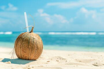 Coconut on a Sandy Beach with a Clear Blue Sky