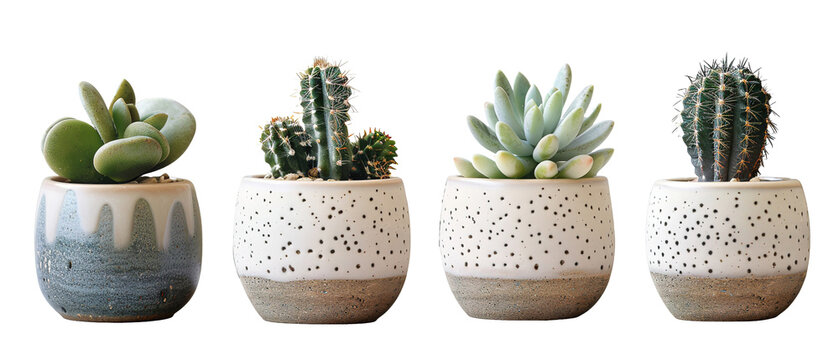 collection Set of 4 different mixed cactus and succulents types of small mini plant in modern ceramic nordic vase pot as furniture cutouts isolated on transparent background