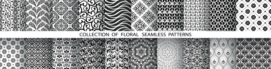 Geometric floral set of seamless patterns. White and black vector backgrounds. Damask graphic ornaments.