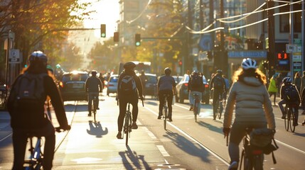 Morning commuters fill a vibrant downtown, where pedestrians and cyclists navigate lively streets.