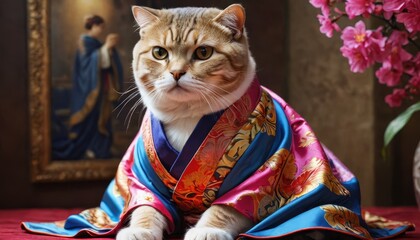 Fototapeta premium Cat Dressed in a Japanese Kimono.