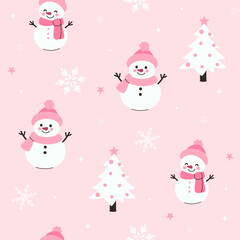 Seamless pattern with cute snowmen on a pink background. Vector graphics