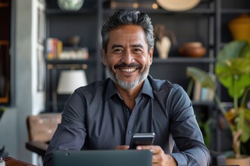 Obraz premium Middle aged Hispanic CEO working on gadgets in office.