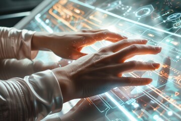 Hands on futuristic interface with glowing digital patterns