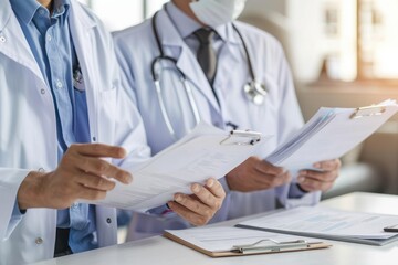 Doctors consulting patient records, focus on hands and documents