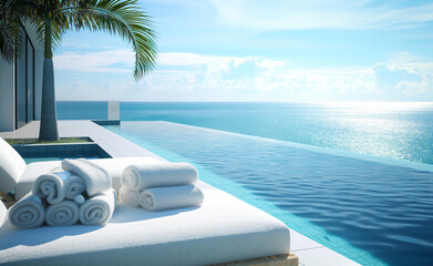 White towels neatly folded on a poolside lounger with a tropical ocean view.