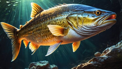 Fototapeta premium Underwater Fish in Sunbeams.