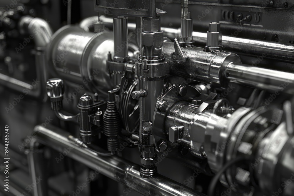 Poster close-up of industrial machinery with intricate mechanical components and pipes.