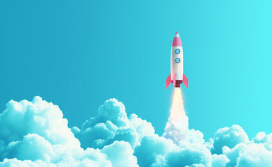 Cartoon rocket ship launching into the sky surrounded by fluffy clouds.