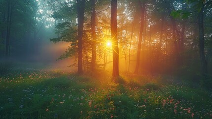 Fototapeta premium Beautiful nature at morning in the misty spring forest with sun