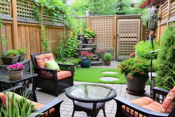 Beautiful of modern terrace with deck flooring and fence, green potted flowers plants and outdoors furniture. Cozy relaxing area at home.