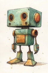 Vintage robot with worn metal body and large round eyes standing.