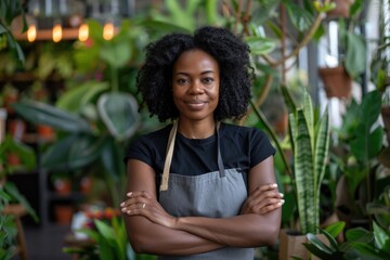 Happy African American woman owns botanical store surrounded by plants.