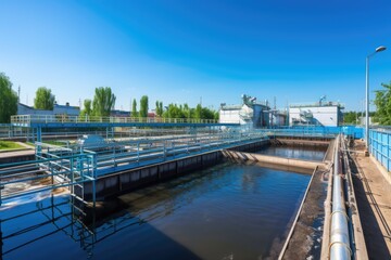 Modern water cleaning facility at urban wastewater treatment plant. Water purification tanks