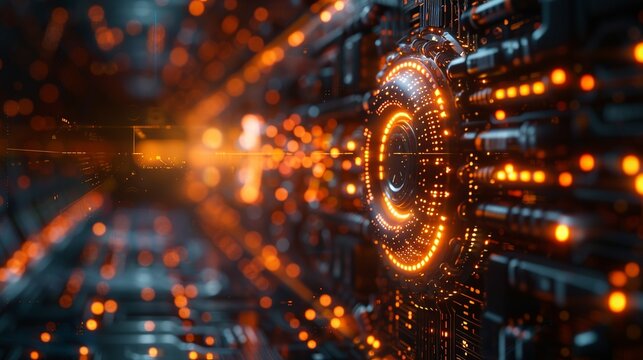 Abstract industrial sci-tech network with complex digital patterns and mechanical elements highlighting innovation. , Minimalism,