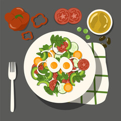 Top view menu design of Vegetable Salad Served in Bowls with egg on the top Vector