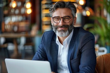 Naklejka premium Successful mature boss in office with laptop smiling investor.