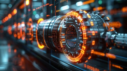 Abstract blend of digital codes and mechanical parts showcasing the merging of technology and industrial processes. , Minimalism,