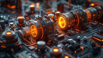 Futuristic abstract with digital circuits and mechanical parts highlighting the integration of industrial science. , Minimalism,