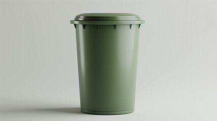 Green rubbish bin on white background. A new unbox green large plastic bin isolated on white background. Wheelie garbage container with a lid. Concept of cleaning, waste separation, and public hygiene