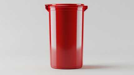 Obraz premium Stack of biological biohazard infected red bins. Sign showing the biological hazard symbol. Red large trash cans garbage bins on white background. Red recycling bins overflowing with rubbish. 