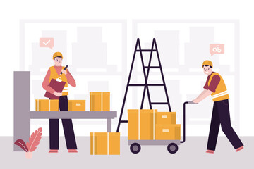 Warehouse workers checking inventories. Checking list of storage boxes. Warehouse staff preparing products for shipment. Work of packaging department for preparation of shipments.