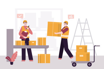 Warehouse workers checking inventories. Checking list of storage boxes. Warehouse staff preparing products for shipment.