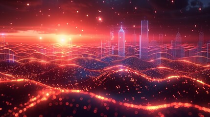 Abstract industrial landscape with dynamic digital lines and holographic elements representing scientific achievements. , Minimalism,