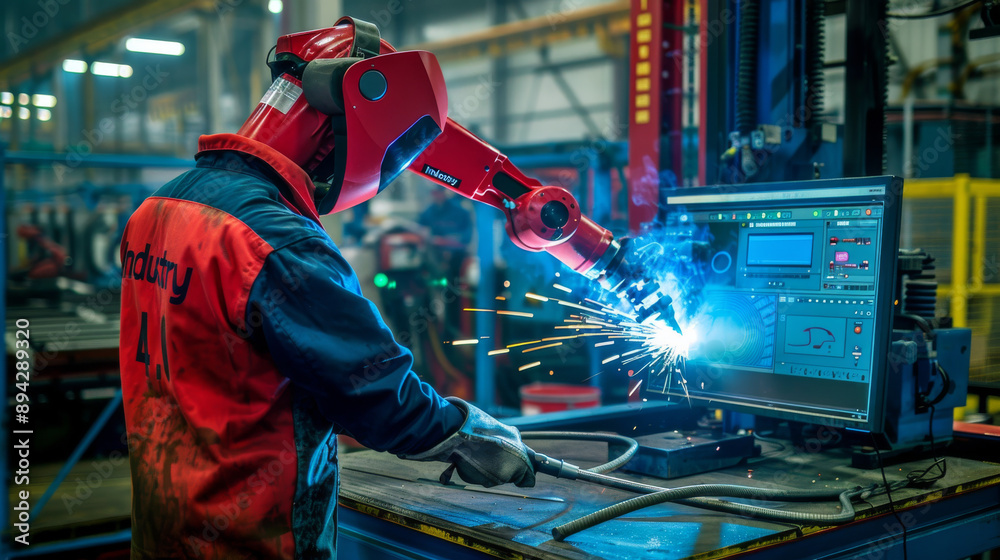 Poster engineers oversee and operate advanced welding robots in a factory setting using monitoring software