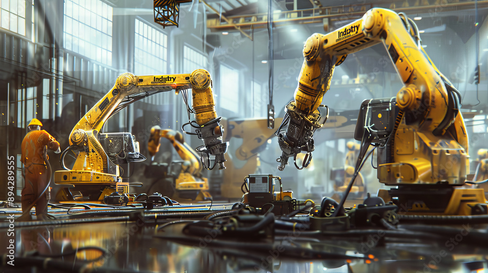 Poster engineers oversee and operate advanced welding robots in a factory setting using monitoring software