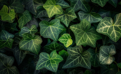 Close-up of lush green ivy leaves with intricate vein patterns.