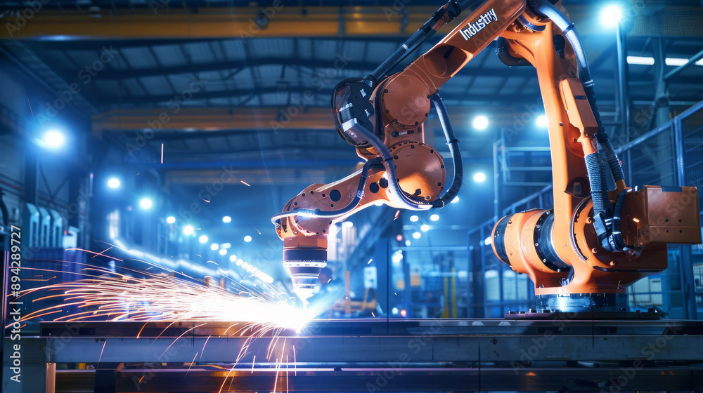 Poster engineers oversee and operate advanced welding robots in a factory setting using monitoring software