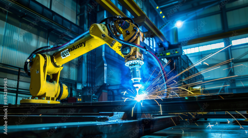 Poster engineers oversee and operate advanced welding robots in a factory setting using monitoring software