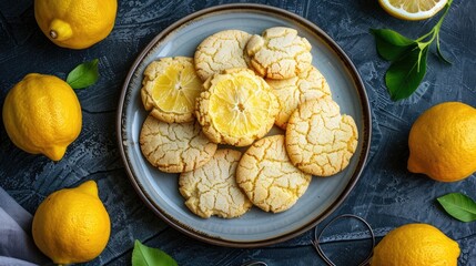 Homemade lemon cookies arranged beautifully on a plate with a top view