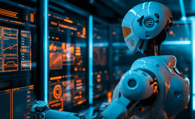 Fototapeta premium Robot working on a computer in a futuristic data center.