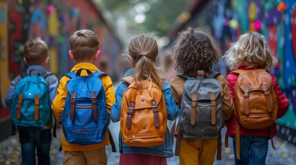 Fototapeta premium photography of back to school, group of kids with backpacks holding hands on their way to school