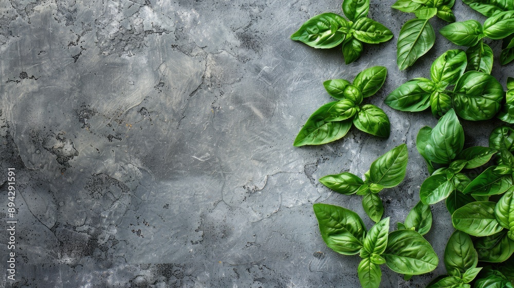 Poster sweet basil leaves on grey stone surface with space for text bird s eye view