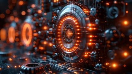 Obraz premium Complex abstract with digital patterns and mechanical parts representing the integration of industrial science and technology. , Minimalism,