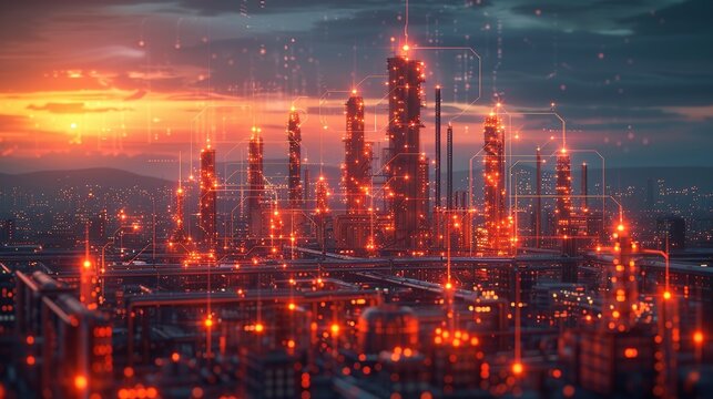 Abstract industrial landscape with glowing tech symbols and holographic elements showcasing advancements in science. , Minimalism,