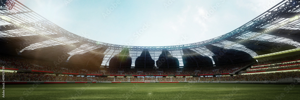 Wall mural Wide angle view on empty soccer stadium and filled stands with sports fans waiting for open air game. 3D render. Concept of outdoor sport, activity, football, championship, match, game space