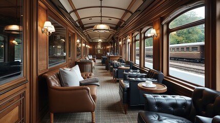 Fototapeta premium Interior view of a luxurious train carriage lounge with comfortable seating, elegant wood paneling, large windows, and classic decor.