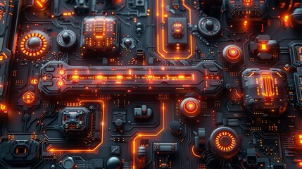 Abstract blend of tech patterns and mechanical parts representing the synergy of industrial processes and modern science. , Minimalism,